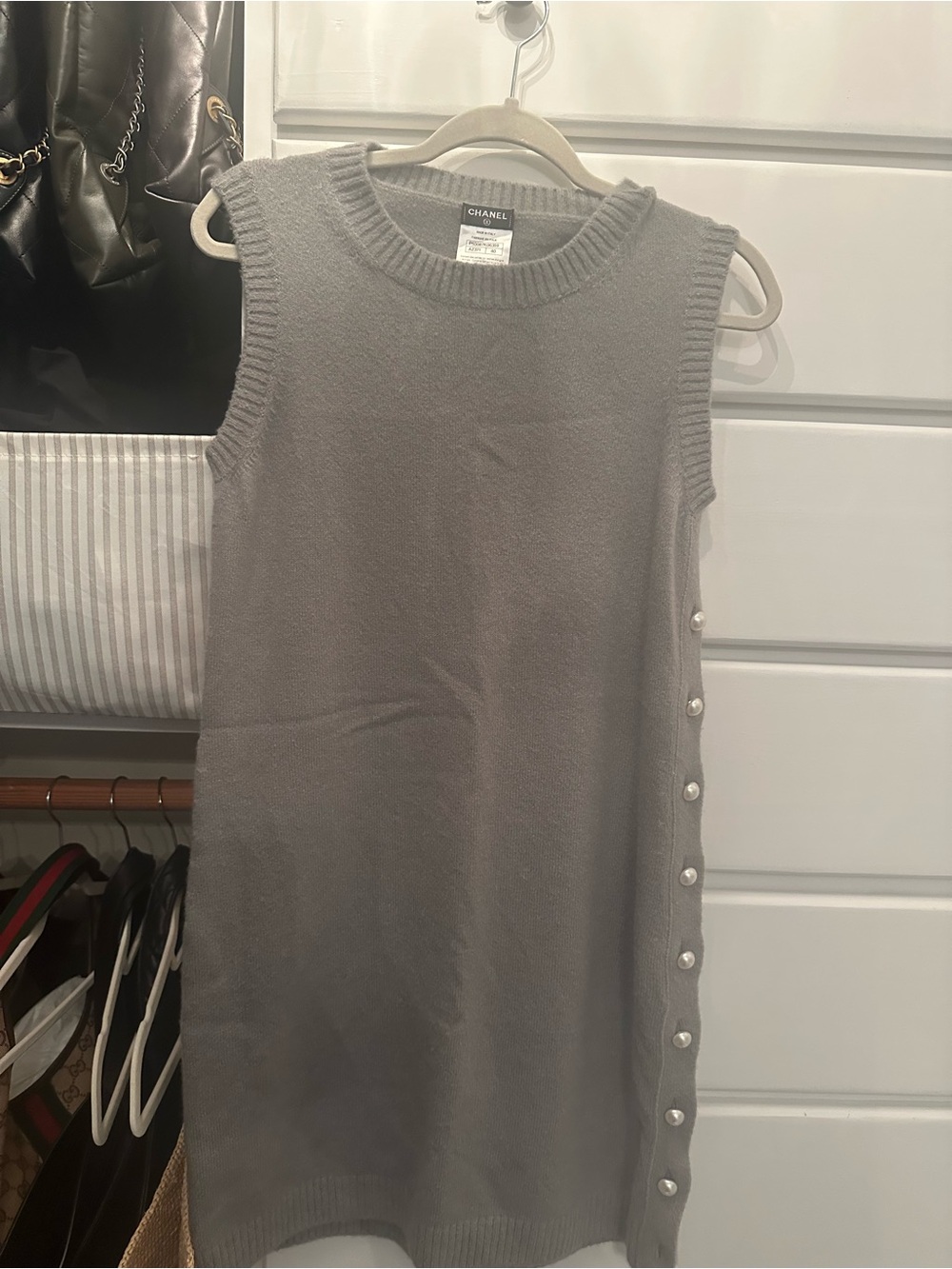 CHANEL Sleeveless Gray Knit Shift Dress with Side Pearl Buttons